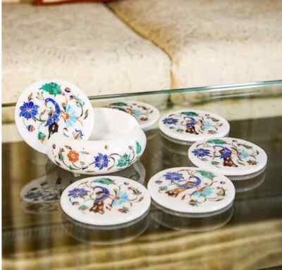 Marble Tea Coaster Set Inlay Floral Work semi precious stone Home Decor kitchen