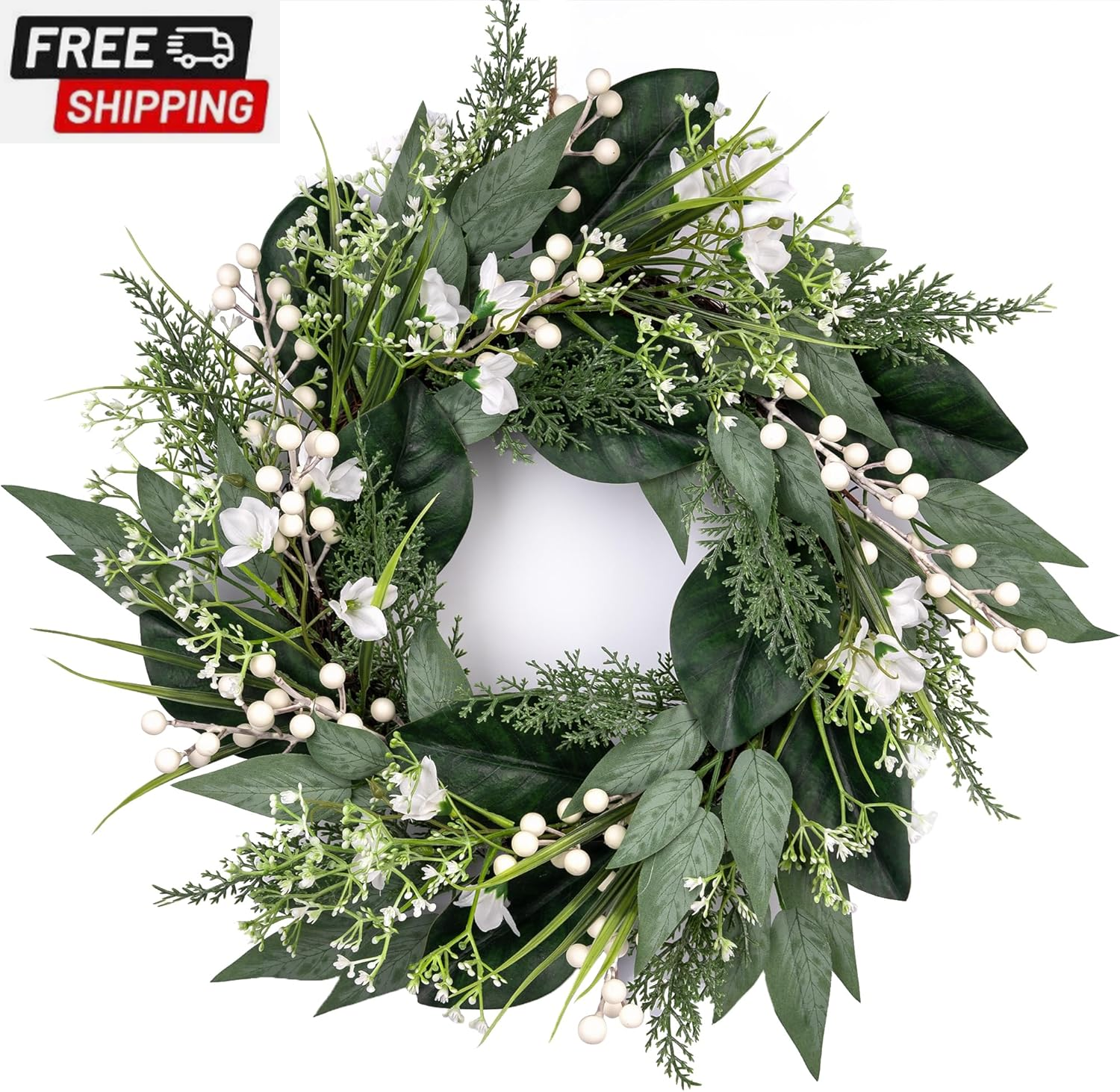 20 Inch Spring Wreath for Front Door with White Berries and Greenery