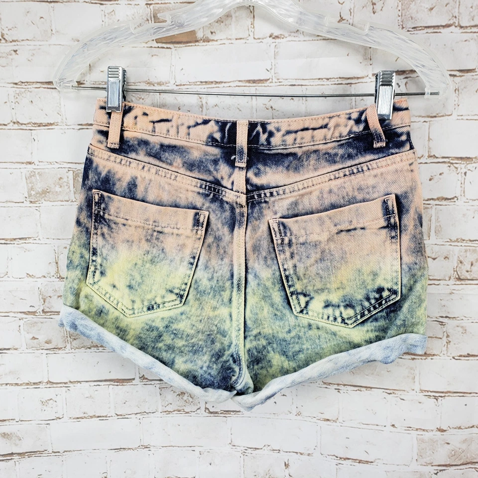 Topshop Moto Size 25 Ombre Dip Tie Dye Denim Jean Shorts High Waisted Button Fly - Image 2 of 4