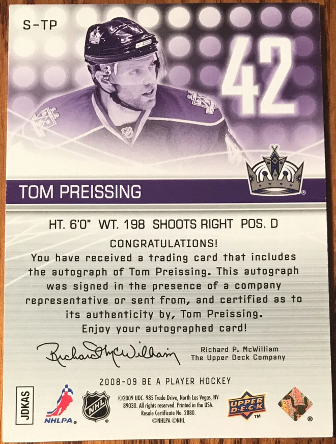2008-09 Be A Player Signatures Tom Preissing S-TP Los Angeles Kings - Image 2 of 2