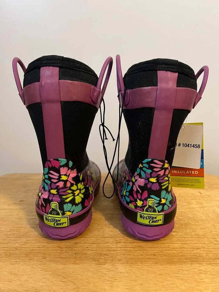 Kid's Girls Western Chief Black/Purple Daisy Neoprene Waterproof Rainboots 11/12 - Image 3 of 4