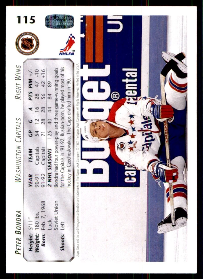 1992-93 Upper Deck Peter Bondra Washington Capitals #115 - Image 2 of 2