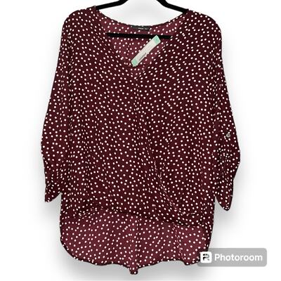 WEST KEI size large burgundy Allan surplice roll tab high low blouse with dots