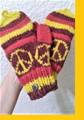 Wool Fingerless Mittens Gloves Knit Warm Winter Snow Fleece Lining Peace Hippie