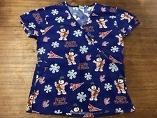 Frosty the Snowman Christmas Scrub Top Women's SMALL Blue V Neck Wrap Mint
