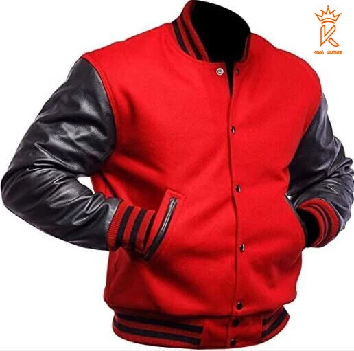 Varsity Lettermen Bomber Baseball Red Wool Jacket With Black Leather Sleeves