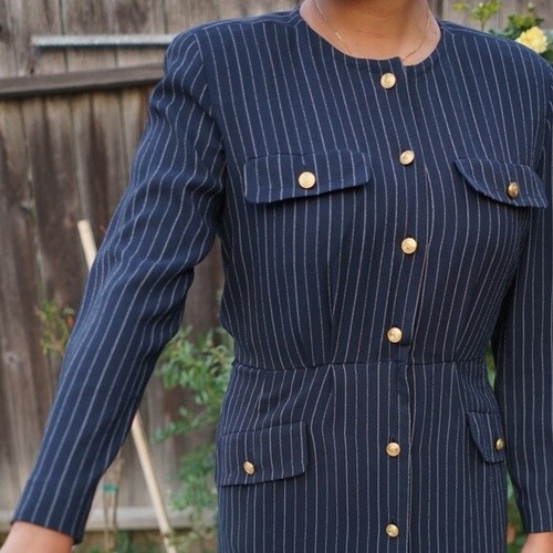 Vintage Liz Claiborne Blue Pinstripe dress Gold Buttons Size 8 Secretary - Picture 4 of 8