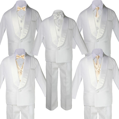 5-7pc BABY White Formal Shawl Lapel Suit Tuxedo CHAMPAGNE Satin Bow Necktie Vest - Picture 1 of 11