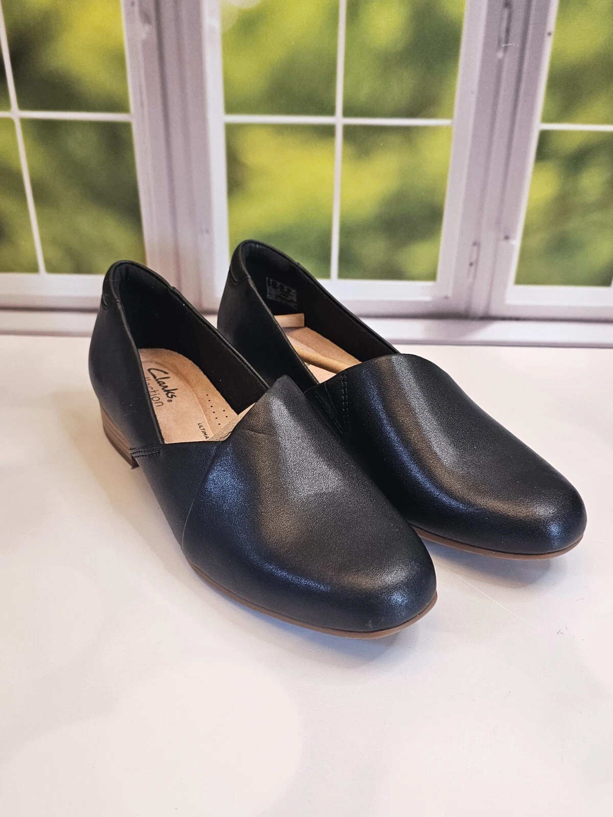 Mocassini Clarks donna Juliet Palm slip on scarpe in pelle nero 6 1 2 M NUOVI