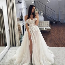Sexy Wedding Dresses Lace Appliques A Line Tulle Side Slit Bridal Gowns Custom
