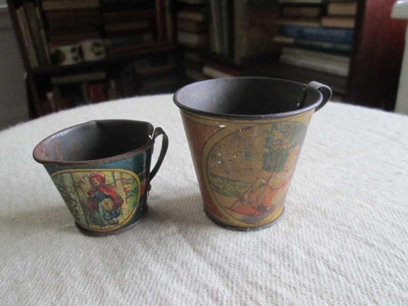 2 antique TIN PITCHERS CUPS Girl on Swing  Little Red Riding Hood