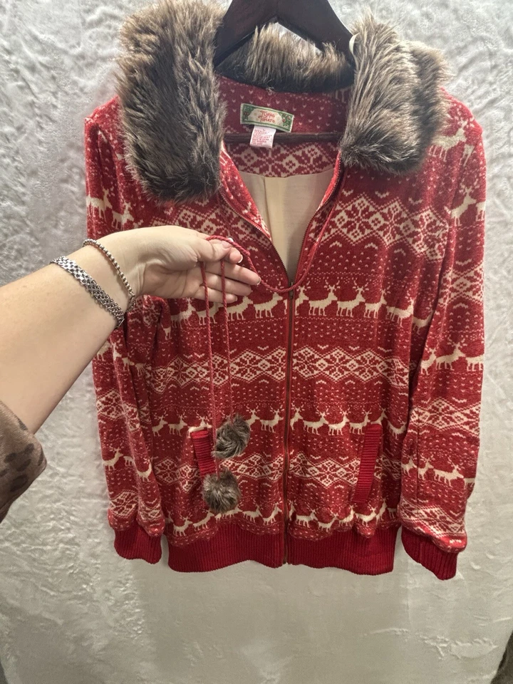 VTG Women LG Long Christmas Sweater Full Zip Reindeer Fur Collar & Balls Tomato - Image 3 of 4