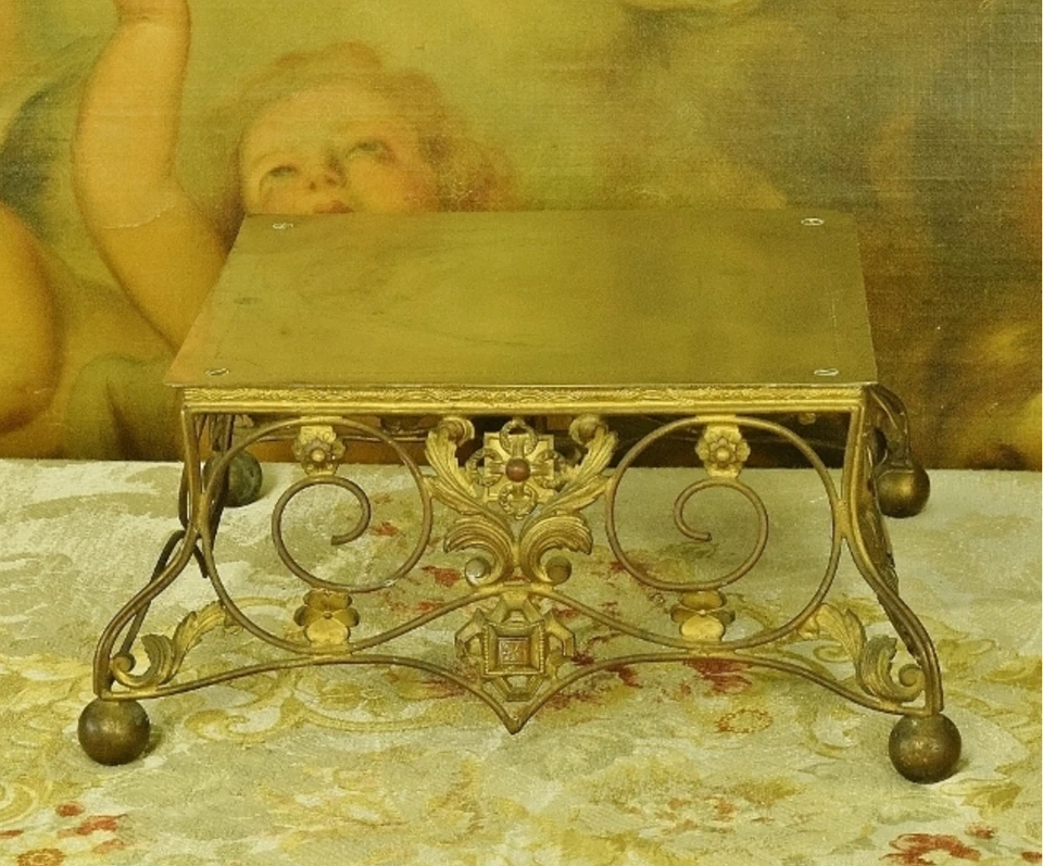 Antigua custodia religiosa francesa de latón dorado renacimiento gótico Thabor, soporte Foto 4 de 4