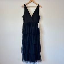 Fairy Grunge Whimsigoth Black Sleeveless V Neck Size L Tiered Tulle Midi Dress