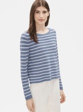 Eileen Fisher Blue & White Striped Reclaimed Organic Cotton & Hemp Sweater SZ M