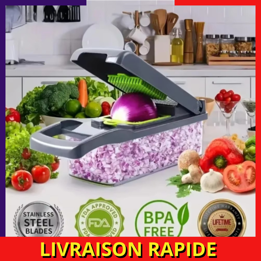 Hachoir à Légumes Multifonction 14-en-1 avec 8 Lames en Acier Inox et Bac de Rangement de 1,5L