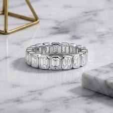 2.65 Ct Emerald Cut Lab Grown Diamond 925 Silver Bezel Set Eternity Wedding Band
