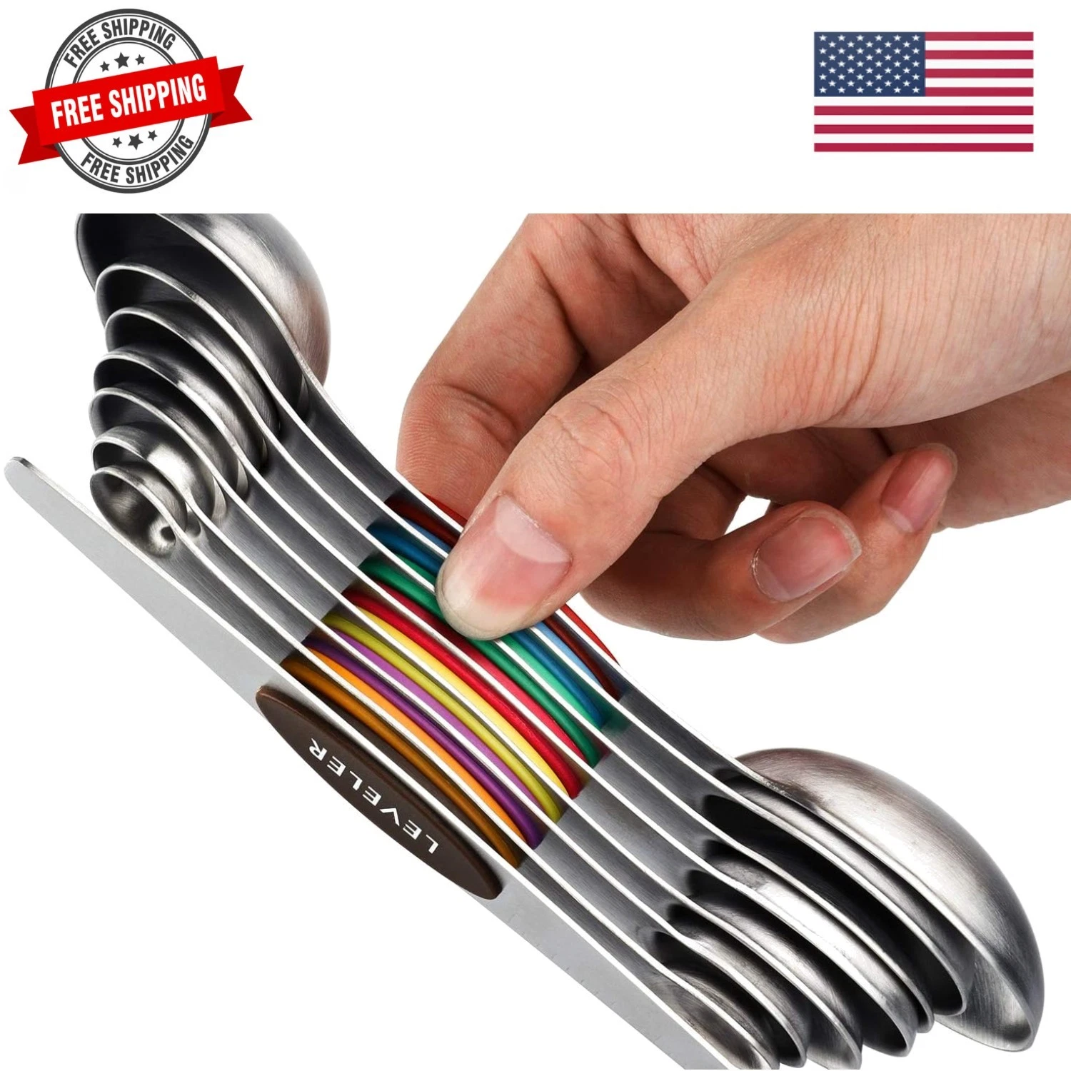Magnetic Measuring Spoons Set of 8 Stainless Steel Dual Sided Stackable Measu...