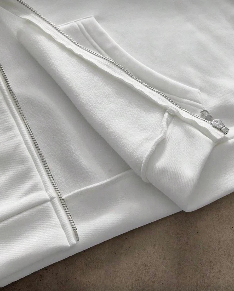 Felpa uomo bianca zip cappuccio pelliccia ESSENTIALS streetwear minimal calda co - Immagine 3 di 4