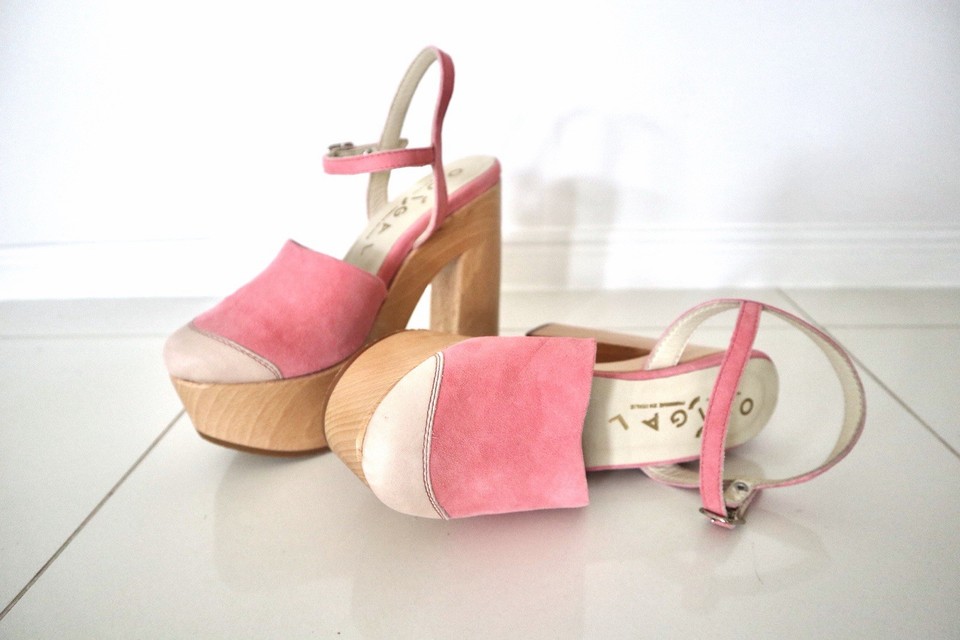 Ouigal Lily Suede Leather Bubble Pink Clogs Platform Block Heels EU 38
