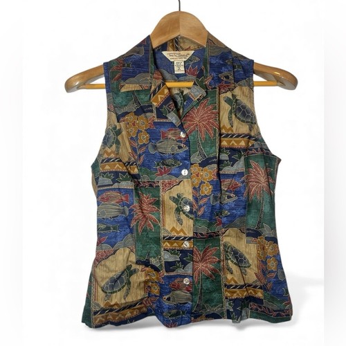 Tori Richard Honolulu Cotton Lawn Sleeveless Button Blouse Tropical Hawaiian S