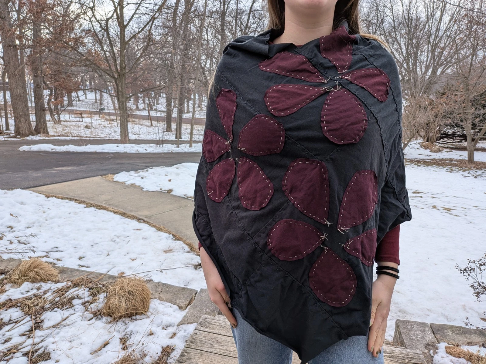 NWOT Alabama Chanin Poncho Plum & Black OneSize Organic Cotton Jersey Zero Waste