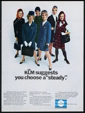1969 KLM airlines 6 stewardess each in different uniforms photo vintage print ad