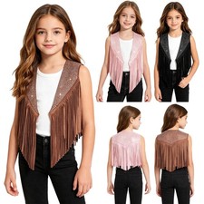 US Girls Western Cowgirl Costume Sleeveless Tassels Waistcoat Vest Jacket