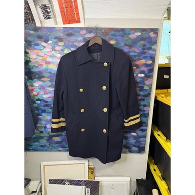 Vintage Navy Blue Double Breasted Pea Coat Gold Eagle Buttons Nautical Mens