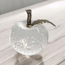 Vintage Art Glass Clear Apple Paperweight with Brass Stem and Leaf Home Decor