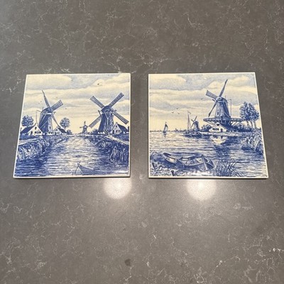 Vintage Dutch Delftware Tiles Windmills Blue and White Decorative for Display