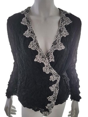 LIBRA Damen Wickelbluse Gr. 42 Schwarz Langer Ärmel Stickerei Tiefer