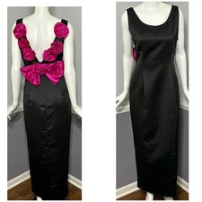 Vintage Jessica McClintock Gunne Sax Black Satin Gown Formal Pink Roses 9 / 10