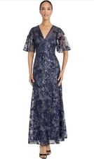 Maggy London V Neck Short Sleeve Embroidered Mesh Maxi Dress Size 12 Navy $228