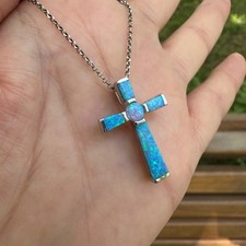925 Sterling Silver Blue Lab Opal Cross Pendant Necklace Elegant Minimalist Gift