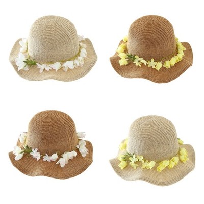 Flower Embroidered Wide Border Sun Hat Adjustable Headbands Sun Protecting Hat