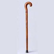 Wooden Walking Cane with Floral Design, Hand Carved Hardwood Stick