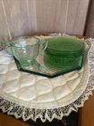 Vintage Green Depression Uranium Glass Open Sugar Bowl And Saucers