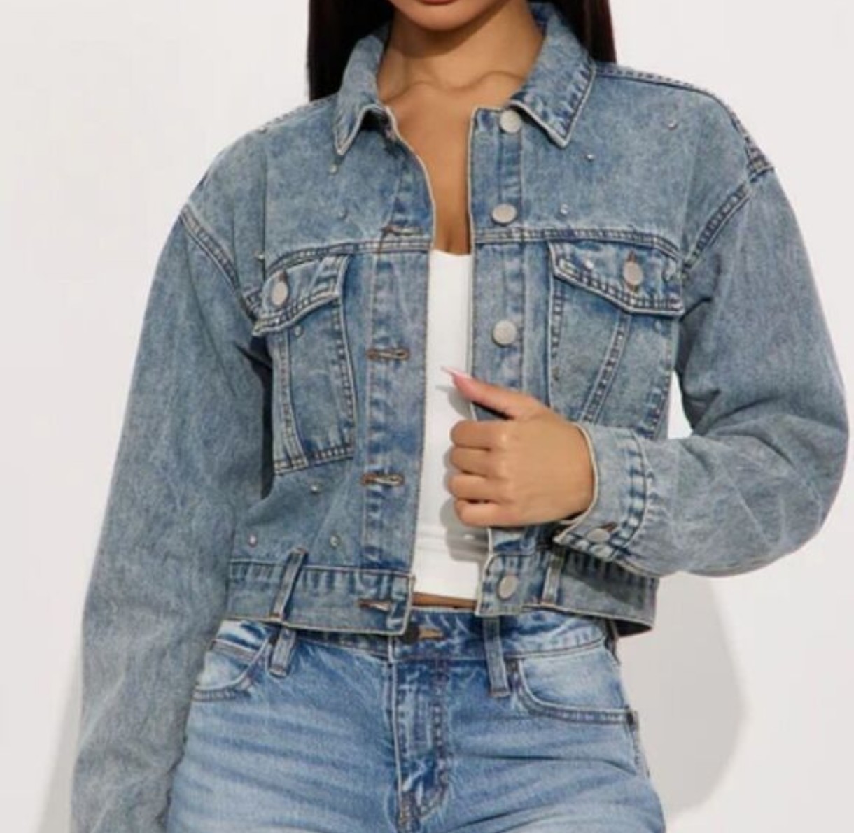 Ci Sono Women's Denim Rhinestone Cropped Jean Jacket Size Large #6