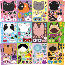 Cat Face Sticker Kit for Kids, DIY Make-Your-Own Stickers, 48 Pc
