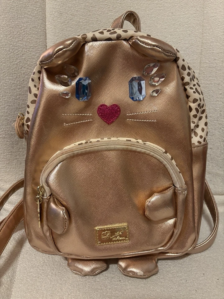 Mochila Betsey Johnson Luv Betsy Gatito Joya Metálica Oro Rosa Acolchada Gemas Foto 2 de 4