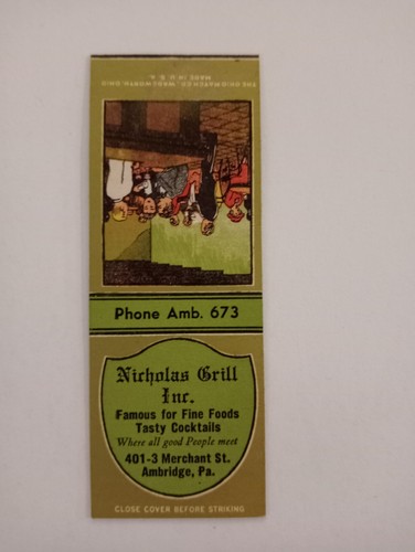 Nicholas Grill Ambridge Pa Bobtail Matchcover Lot 18