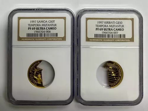 1997 NGC PF69 ULTRA CAMEO SAMOA G50T & KIRIBATI G$50 TEMPORA MUTANTUR Two Coins