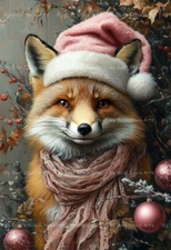 FOX PINK SANTA HAT ART PRINT, Christmas Poster, Holiday Home Decor, Wolf E550