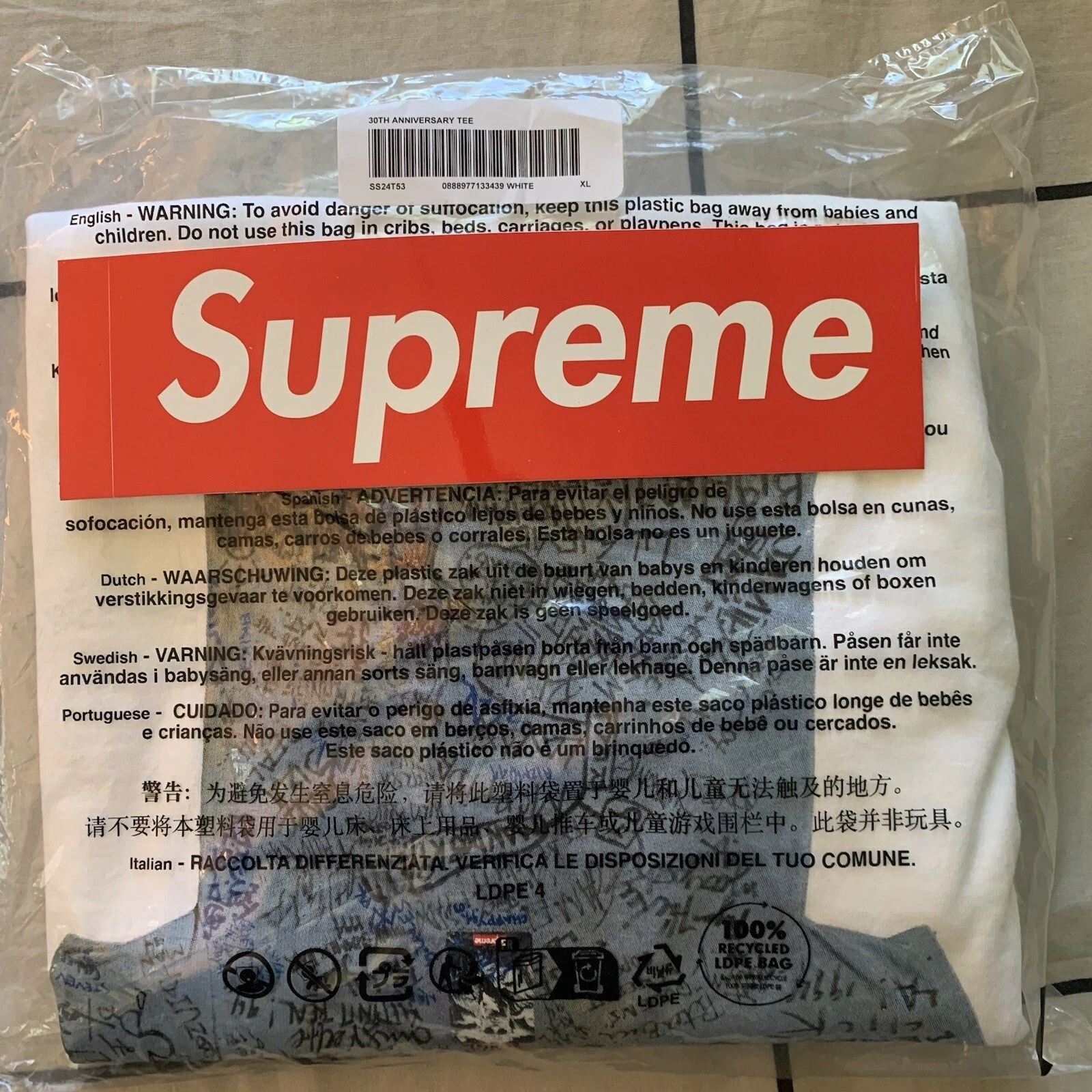 T shirt Supreme 30th Anniversary First SHIRT XL BLANC