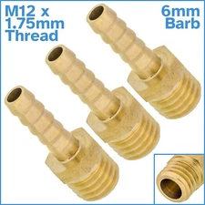 3x Brass 6mm Barb Hose To M12 x1.75mm Male Threaded Pipe Fitting Tail Connector