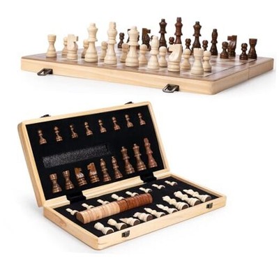 15'' Wooden Chess Set | Folding Board, 2 Extra Queens | Original Wood Color