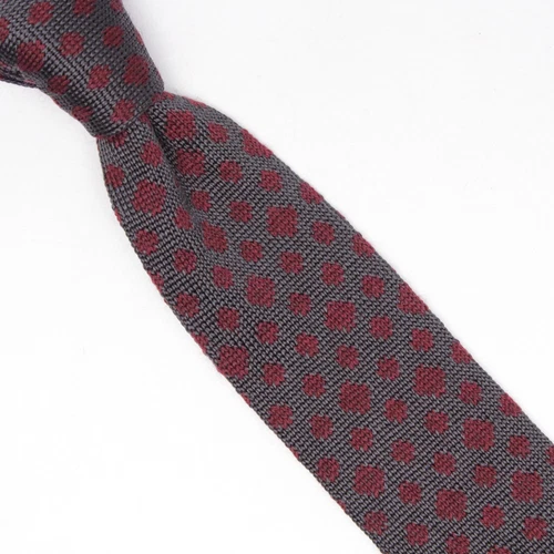 Gladson Mens Knit Wool Mix Necktie Gray Burgundy Polka Dot Square End Tie Italy