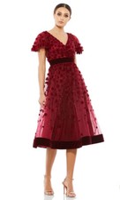 New Mac Duggal EMBELLISHED BUTTERFLY SLEEVE VELVET HEM MIDI DRESS Burgundy Sz 4