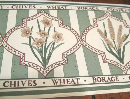 Wallpaper Border Kitchen Botanical Herbs Flowers Green Stripe Country EH00171 - Picture 4 of 4
